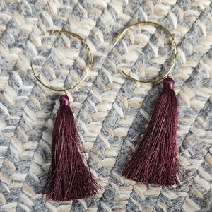 Elegant Gold and Burgundy Tassel‎ Hoop Earrings